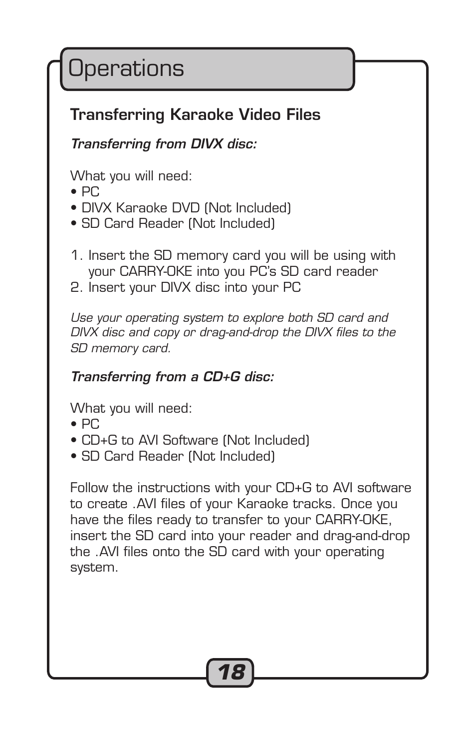 Operations, Transferring karaoke video files | VocoPro Carry-Oke Microphone User Manual | Page 18 / 28