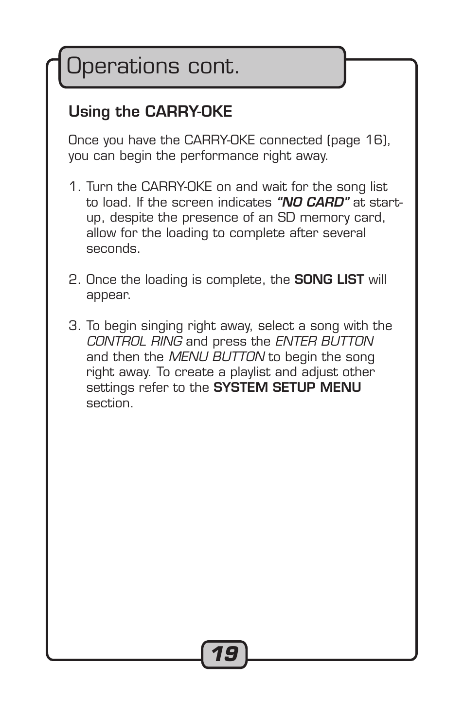 Operations cont, Using the carry-oke | VocoPro Carry-Oke Microphone User Manual | Page 19 / 28