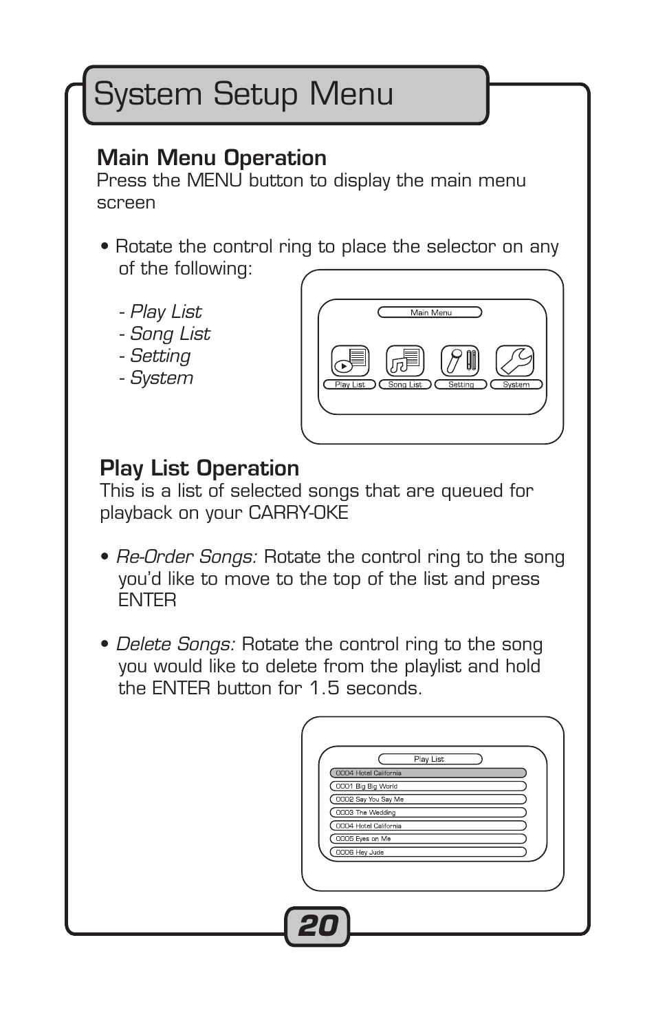 System setup menu | VocoPro Carry-Oke Microphone User Manual | Page 20 / 28