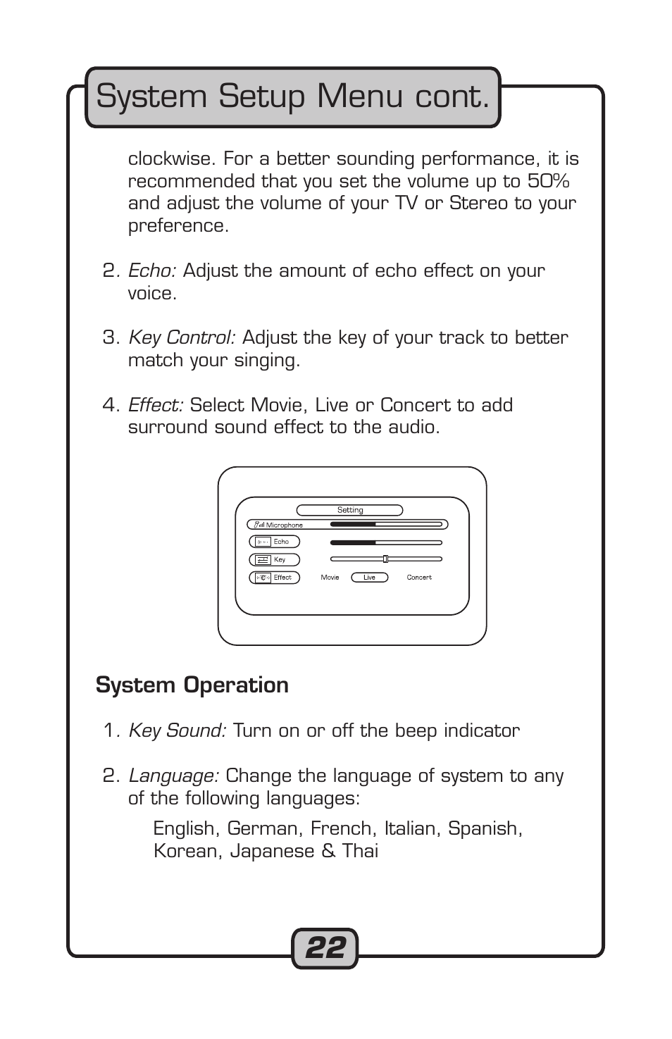 System setup menu cont | VocoPro Carry-Oke Microphone User Manual | Page 22 / 28