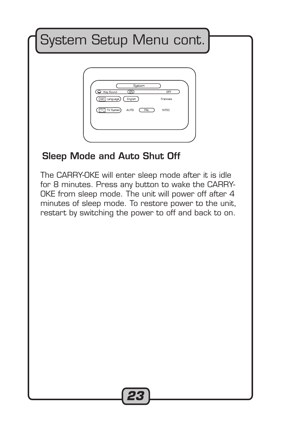 System setup menu cont | VocoPro Carry-Oke Microphone User Manual | Page 23 / 28