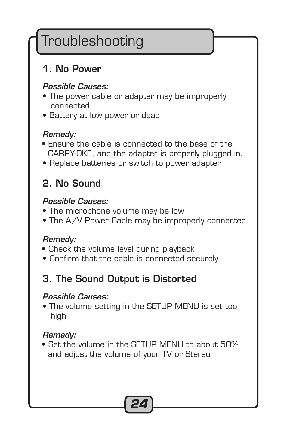Troubleshooting | VocoPro Carry-Oke Microphone User Manual | Page 24 / 28