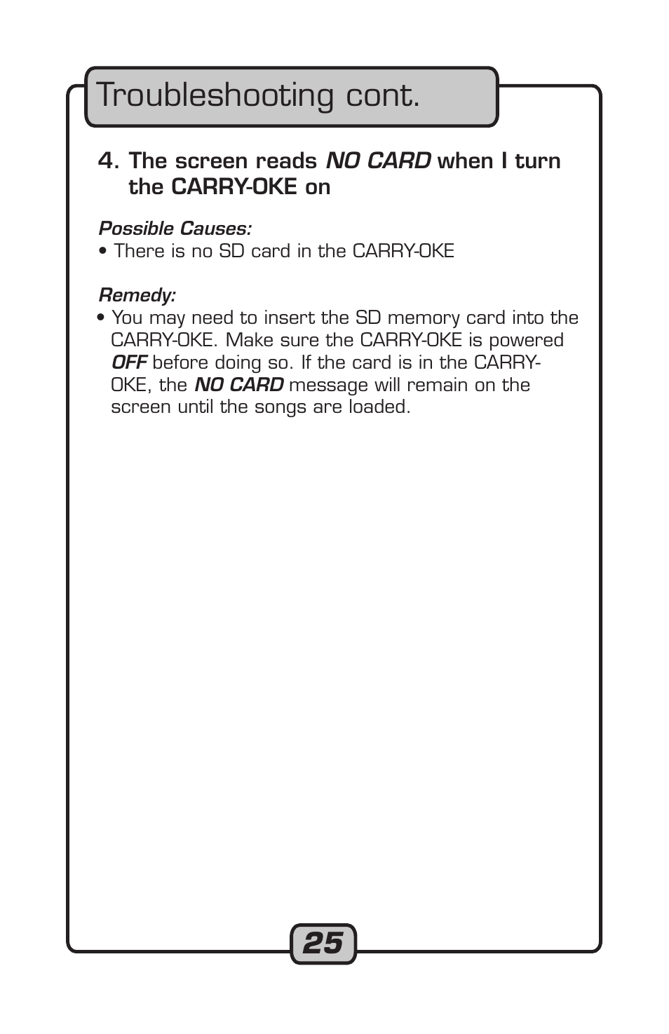 Troubleshooting cont | VocoPro Carry-Oke Microphone User Manual | Page 25 / 28