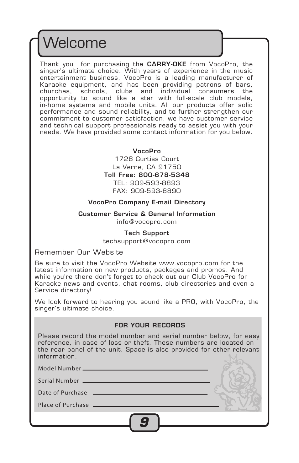Welcome | VocoPro Carry-Oke Microphone User Manual | Page 9 / 28