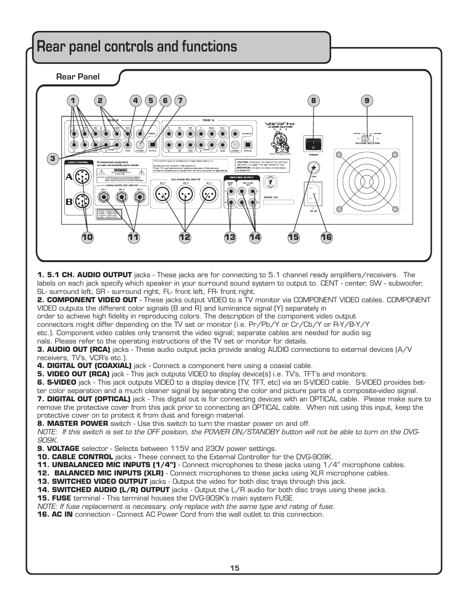 Rear panel controls and functions, Rear panel | VocoPro THE SINGER'S ULTIMATE CHOICE DVG-909K User Manual | Page 16 / 34