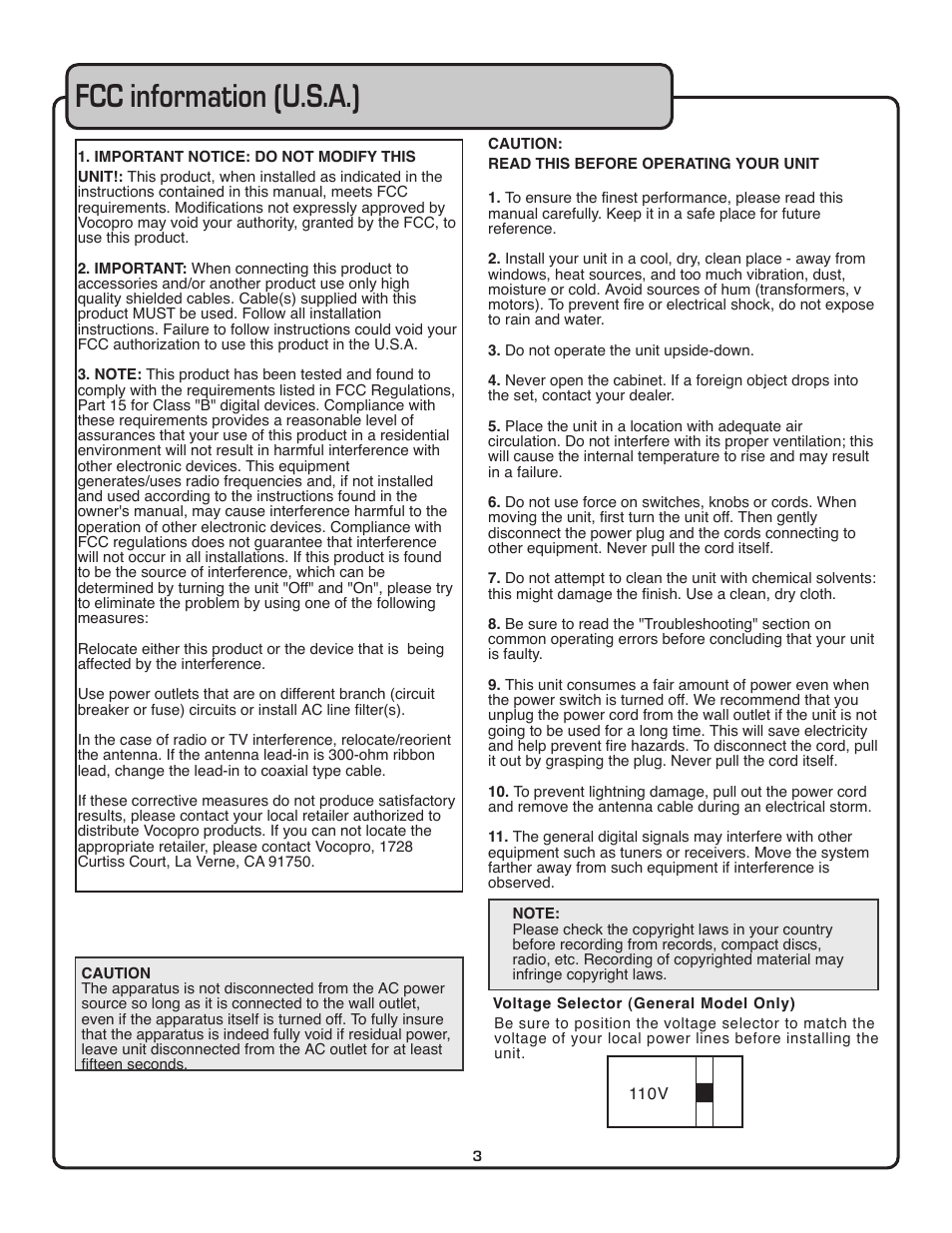 Fcc information (u.s.a.) | VocoPro THE SINGER'S ULTIMATE CHOICE DVG-909K User Manual | Page 4 / 34