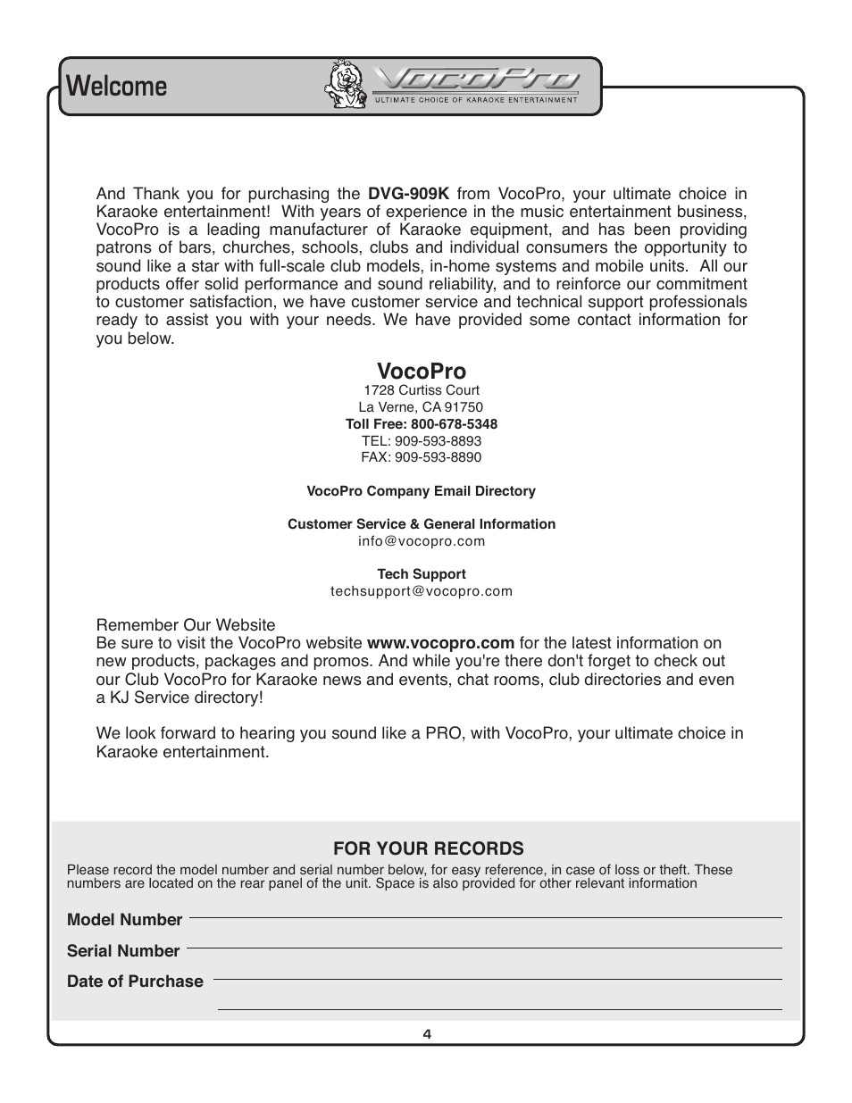 Welcome, Vocopro | VocoPro THE SINGER'S ULTIMATE CHOICE DVG-909K User Manual | Page 5 / 34