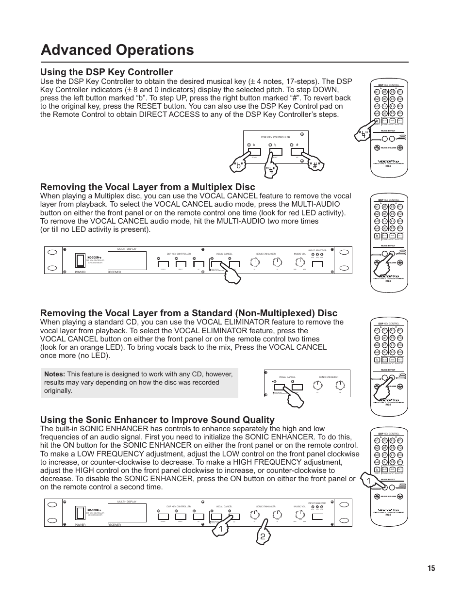 Pg 15 advance.pdf, Advanced operations, Using the dsp key controller | Removing the vocal layer from a multiplex disc, Using the sonic enhancer to improve sound quality, Normal multiplex, Vocal-eliminator, Sonic-enhancer | VocoPro KC-300Pro User Manual | Page 15 / 22