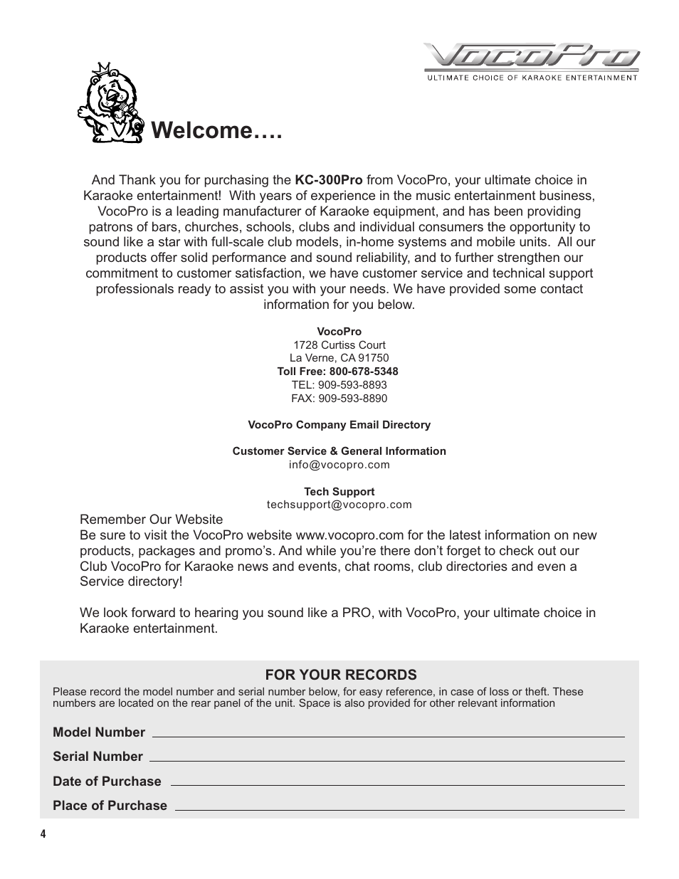 Pg 04 welcome.pdf, Welcome | VocoPro KC-300Pro User Manual | Page 4 / 22