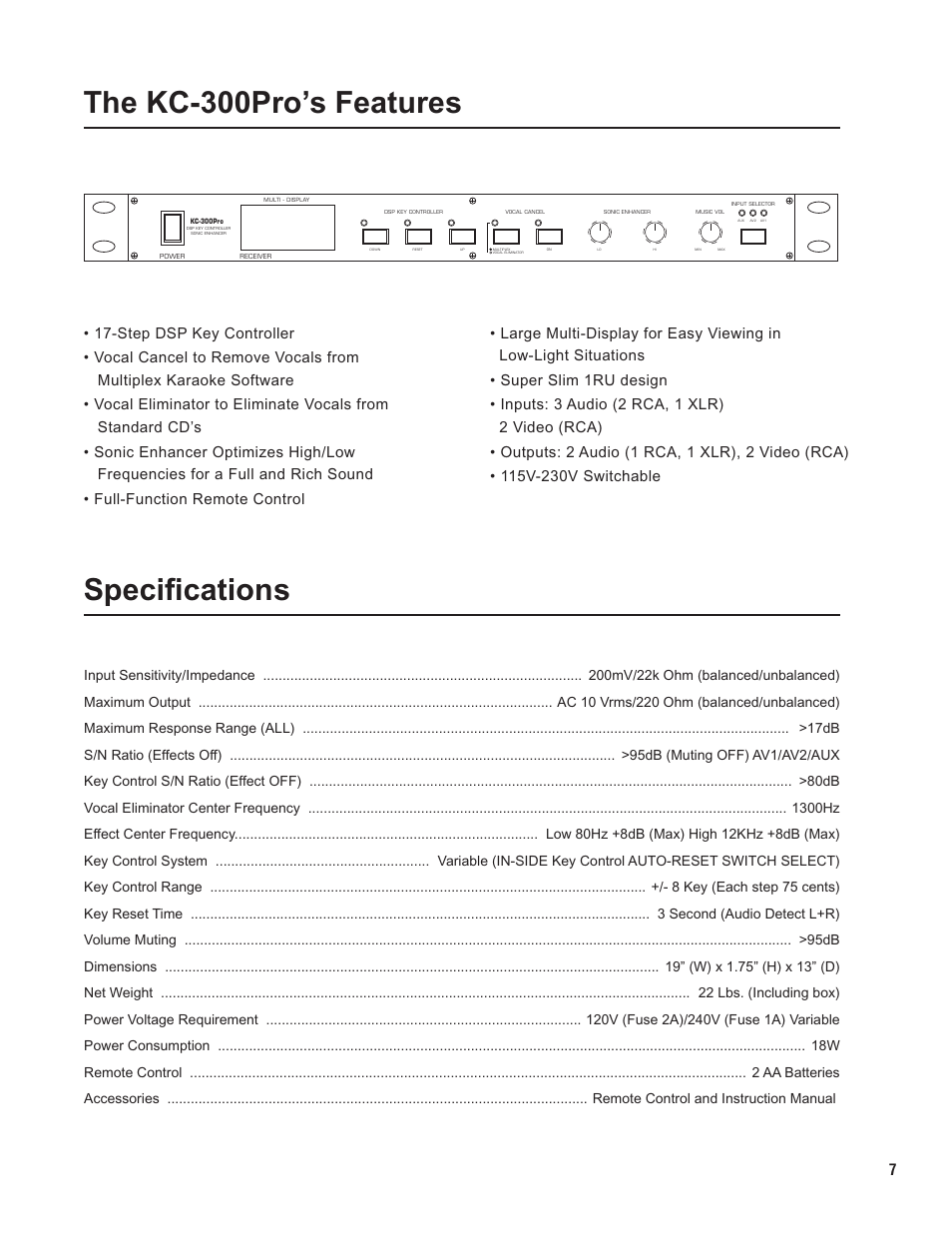 Pg 07 features.pdf, The kc-300pro’s features, Specifications | VocoPro KC-300Pro User Manual | Page 7 / 22