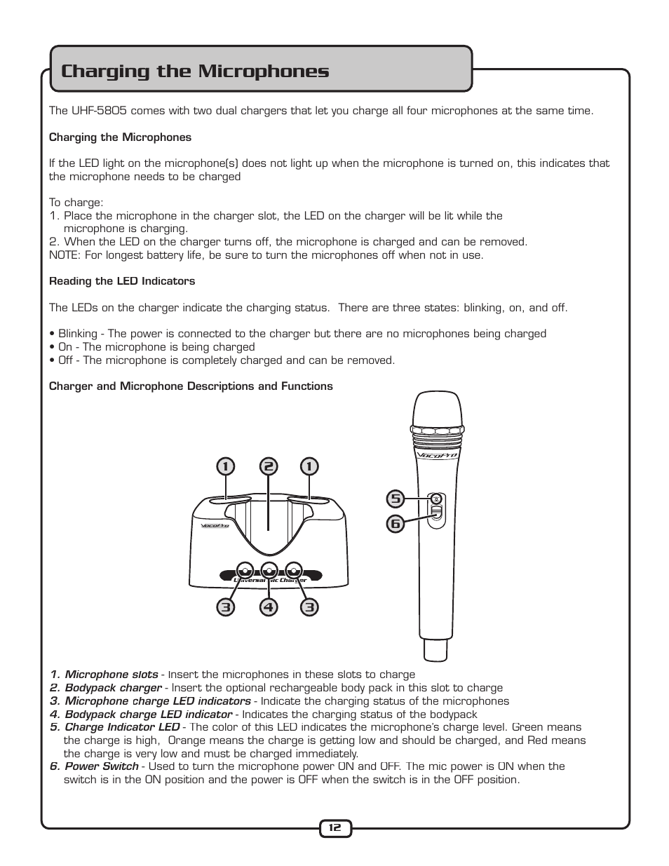 Charging the microphones | VocoPro UHF-5805 User Manual | Page 13 / 16
