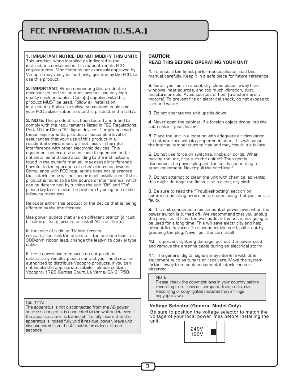 Fcc information (u.s.a.) | VocoPro UHF-5805 User Manual | Page 4 / 16