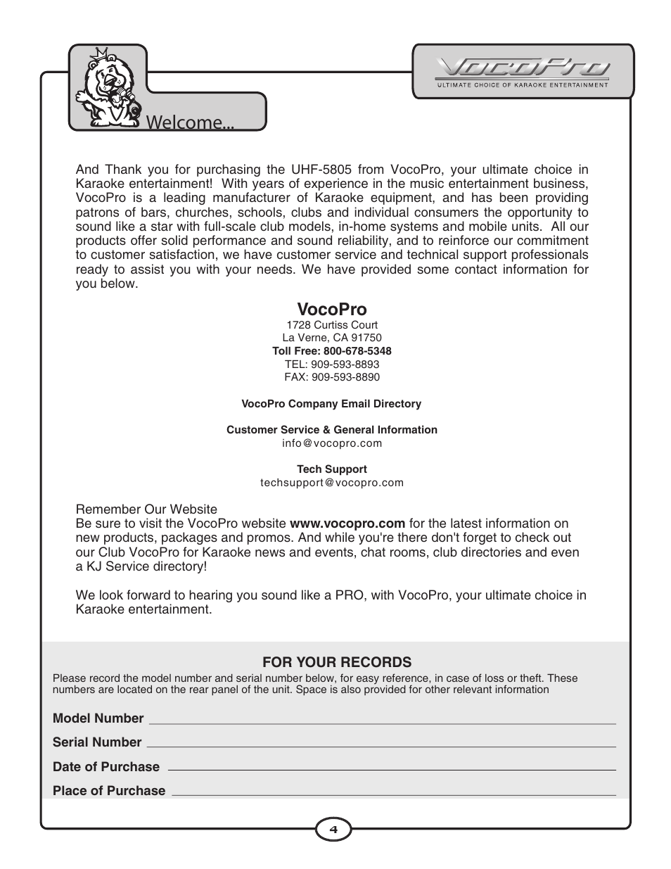 Welcome, Vocopro | VocoPro UHF-5805 User Manual | Page 5 / 16