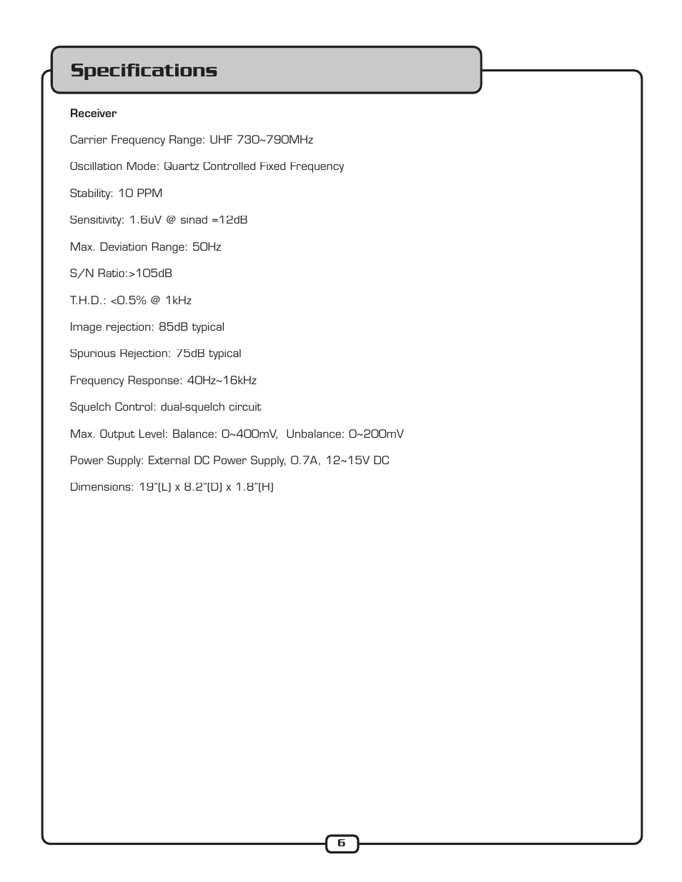 Speciﬁ cations | VocoPro UHF-5805 User Manual | Page 7 / 16