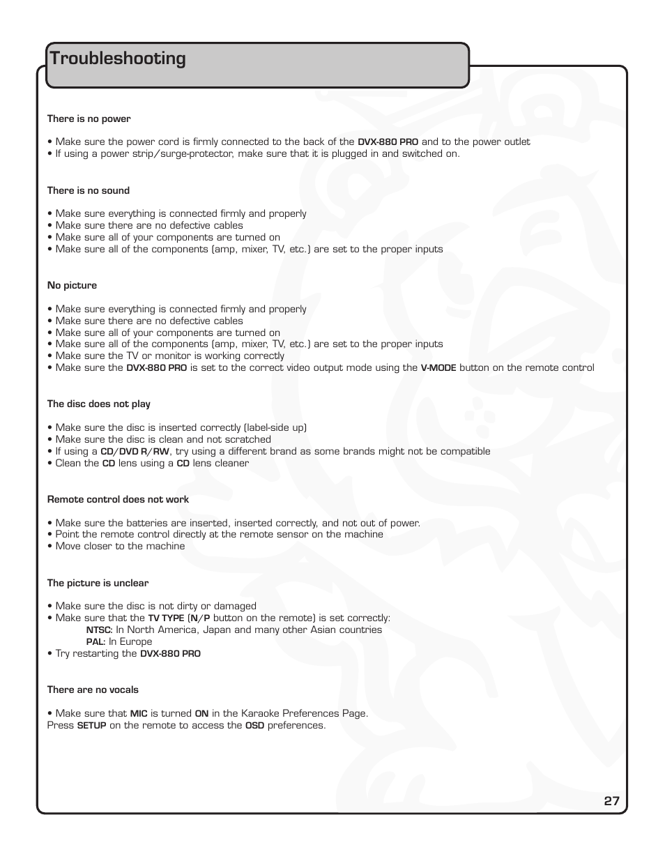 Troubleshooting | VocoPro DVX-880 Pro User Manual | Page 33 / 34