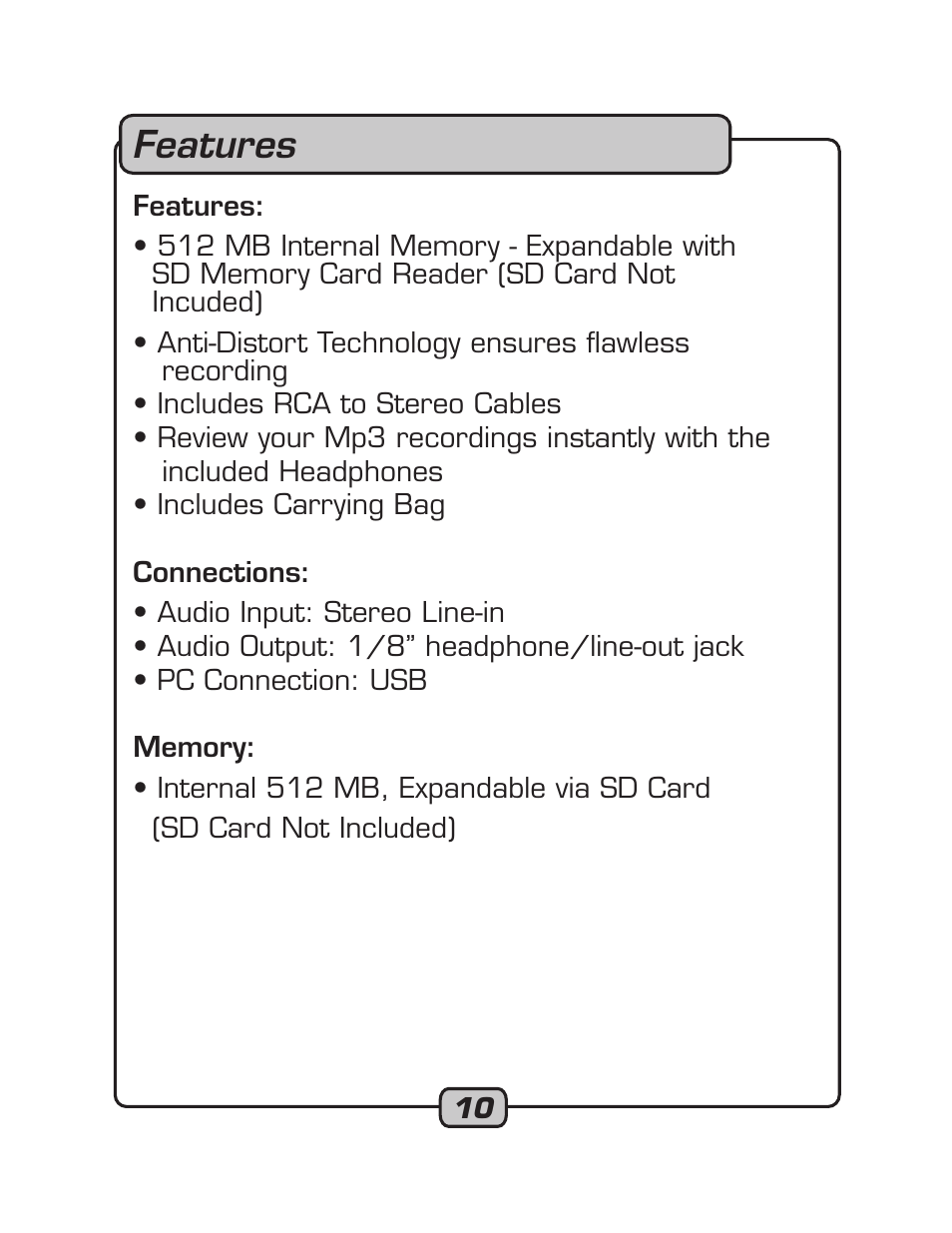 Features | VocoPro RECODE-1 User Manual | Page 10 / 24