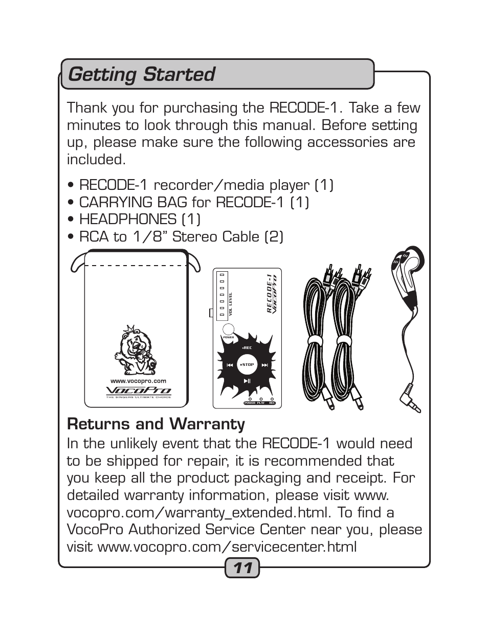 Getting started, Returns and warranty | VocoPro RECODE-1 User Manual | Page 11 / 24