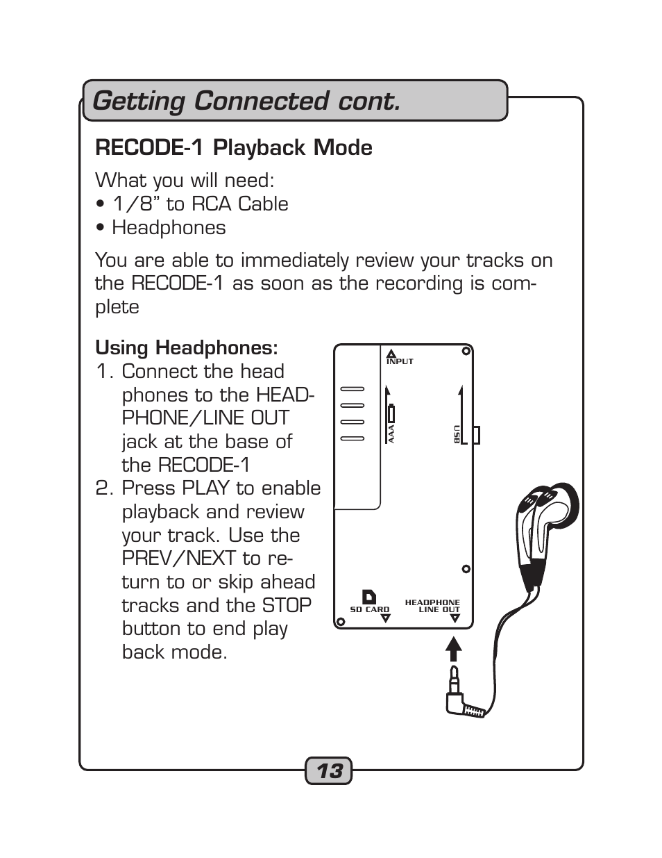 Getting connected cont, Recode-1 playback mode | VocoPro RECODE-1 User Manual | Page 13 / 24