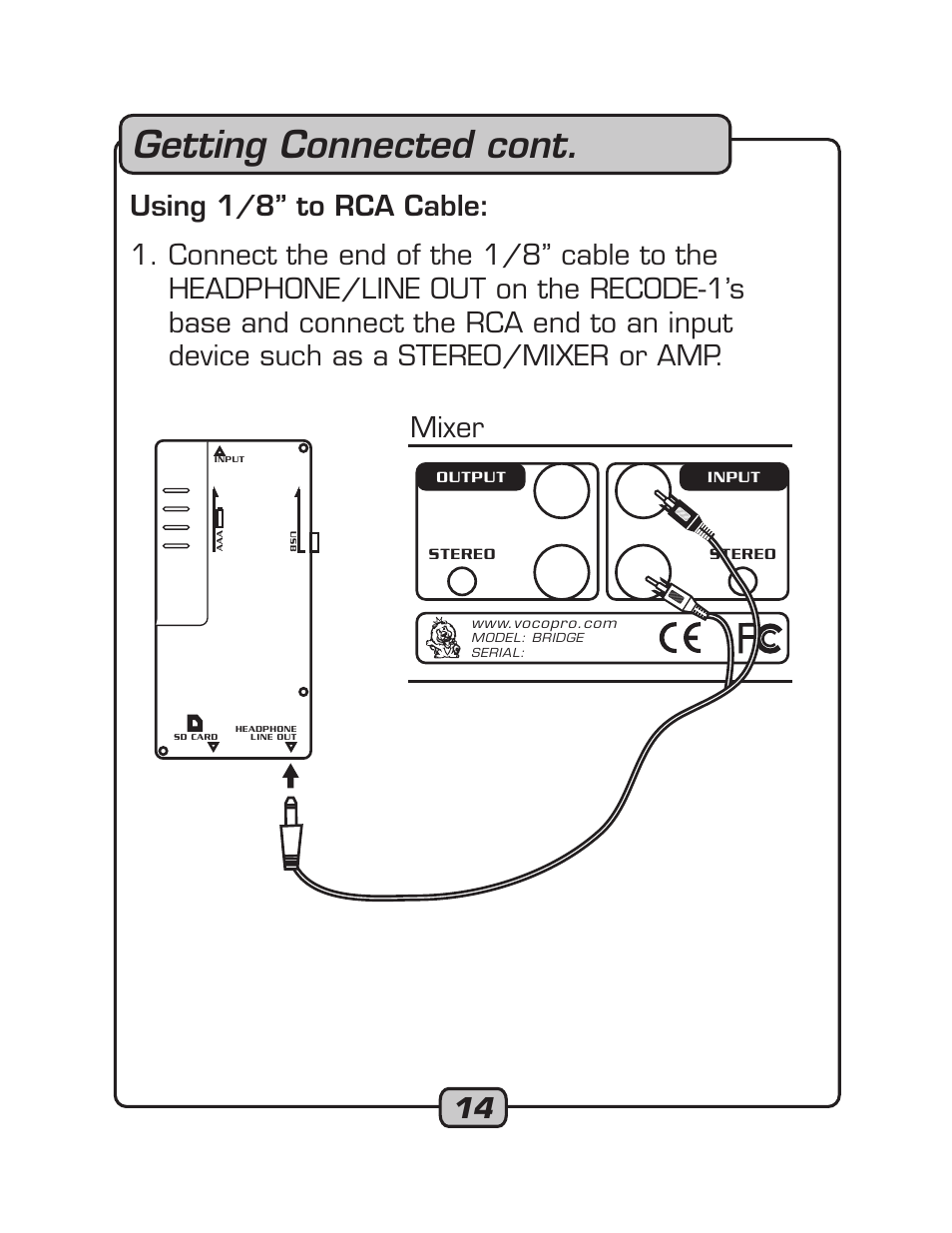 Getting connected cont, Mixer | VocoPro RECODE-1 User Manual | Page 14 / 24