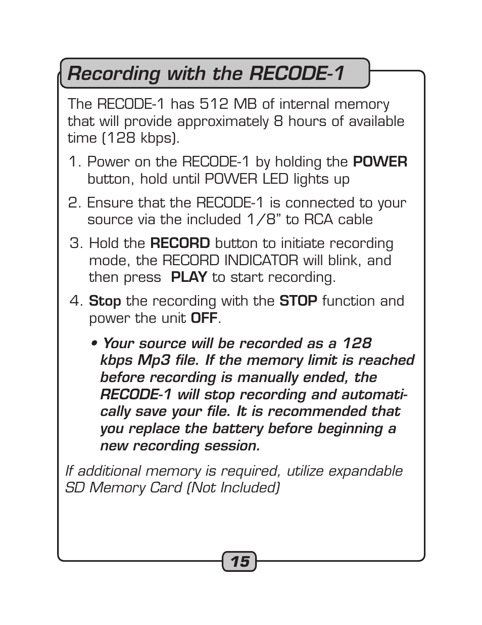 Recording with the recode-1 | VocoPro RECODE-1 User Manual | Page 15 / 24