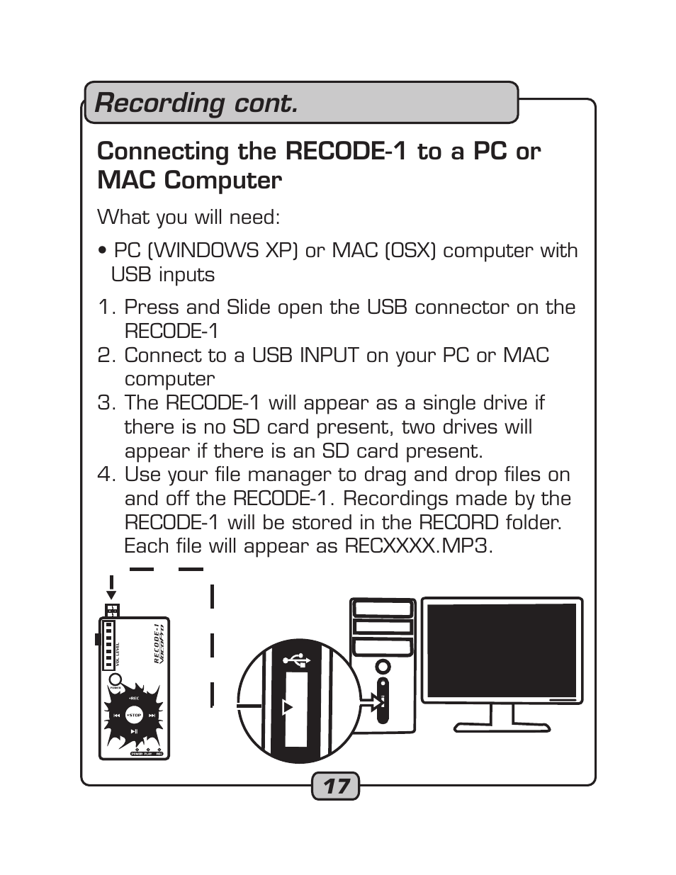 Recording cont, Connecting the recode-1 to a pc or mac computer | VocoPro RECODE-1 User Manual | Page 17 / 24