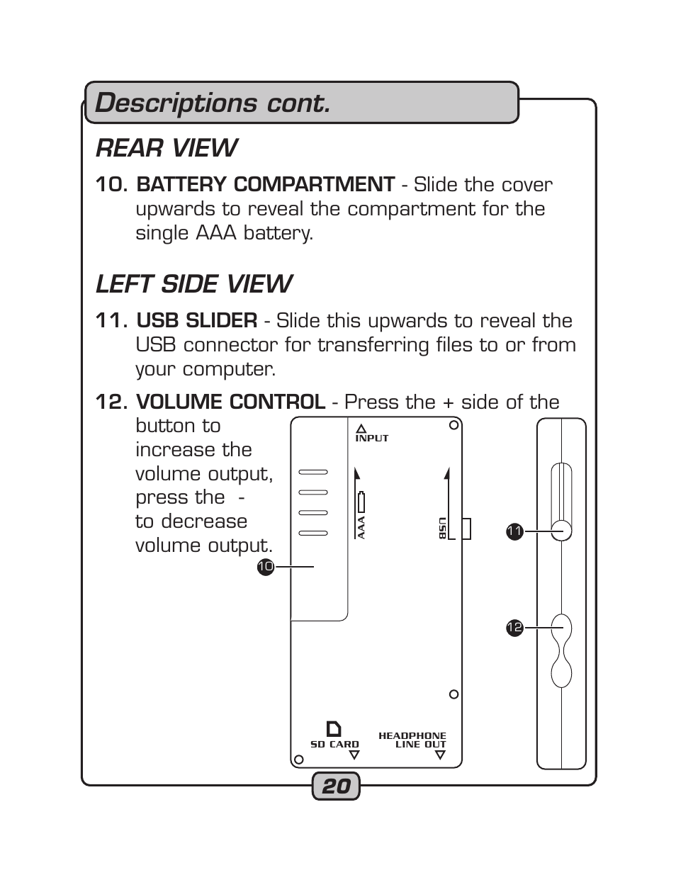 Descriptions cont, Rear view, Left side view | VocoPro RECODE-1 User Manual | Page 20 / 24