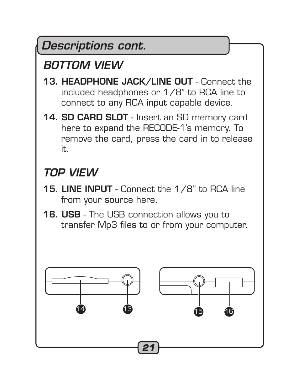 Descriptions cont, Bottom view, Top view | VocoPro RECODE-1 User Manual | Page 21 / 24