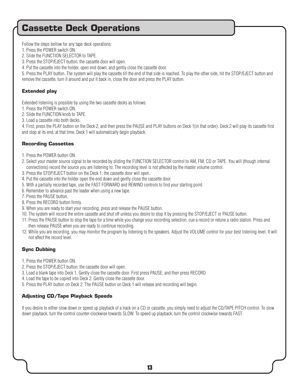 Cassette deck operations | VocoPro DVD-Duet Multi Format Digital Karaoke System 5-Band Stereo Equalizer Tuning User Manual | Page 13 / 22