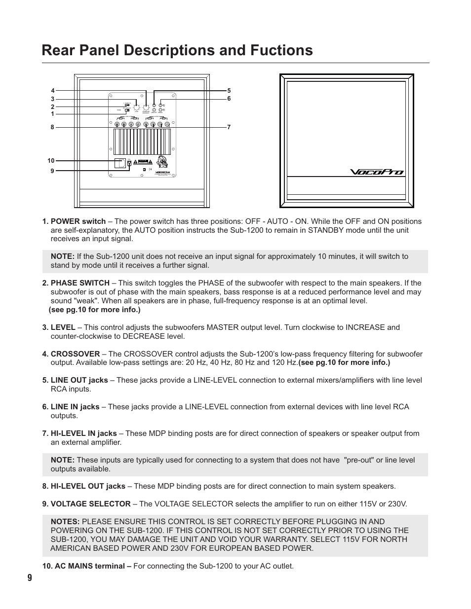 Pg 09 rear panel descriptions.pdf, Rear panel descriptions and fuctions | VocoPro SUB-1200 User Manual | Page 10 / 14