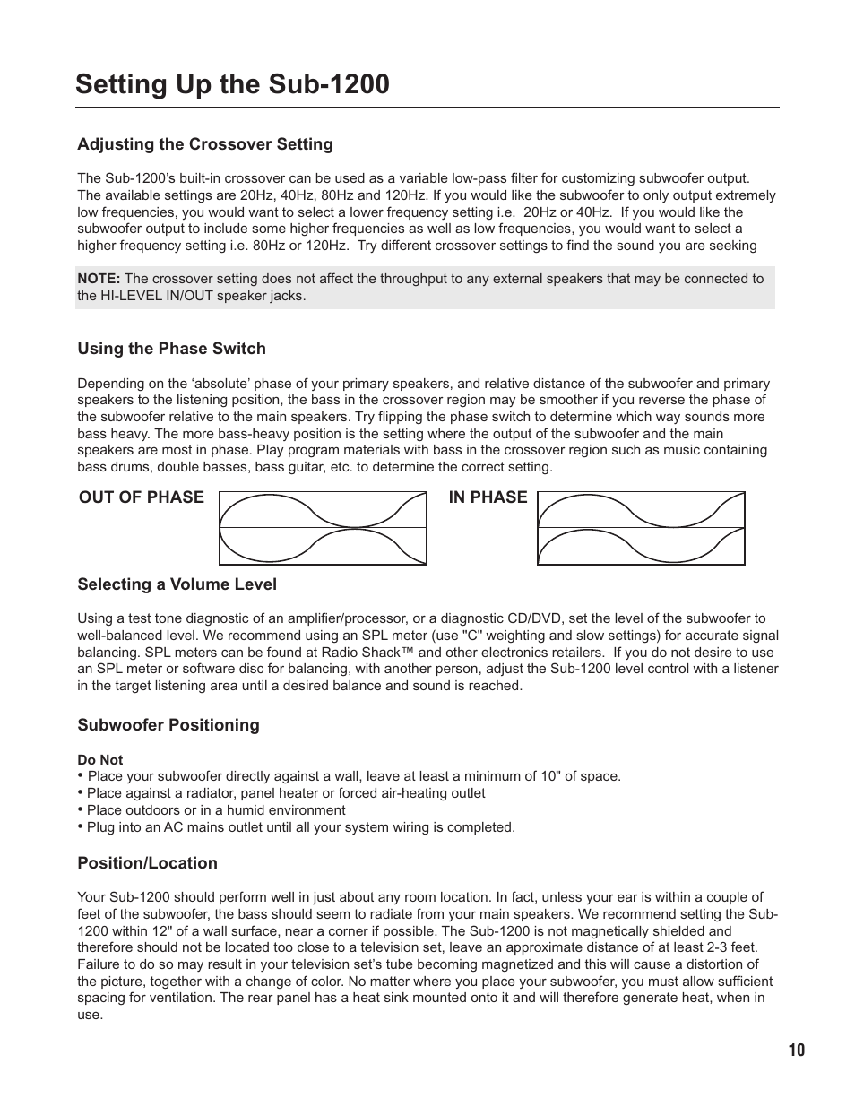 Pg 10 setting up sub-1200.pdf, Setting up the sub-1200 | VocoPro SUB-1200 User Manual | Page 11 / 14