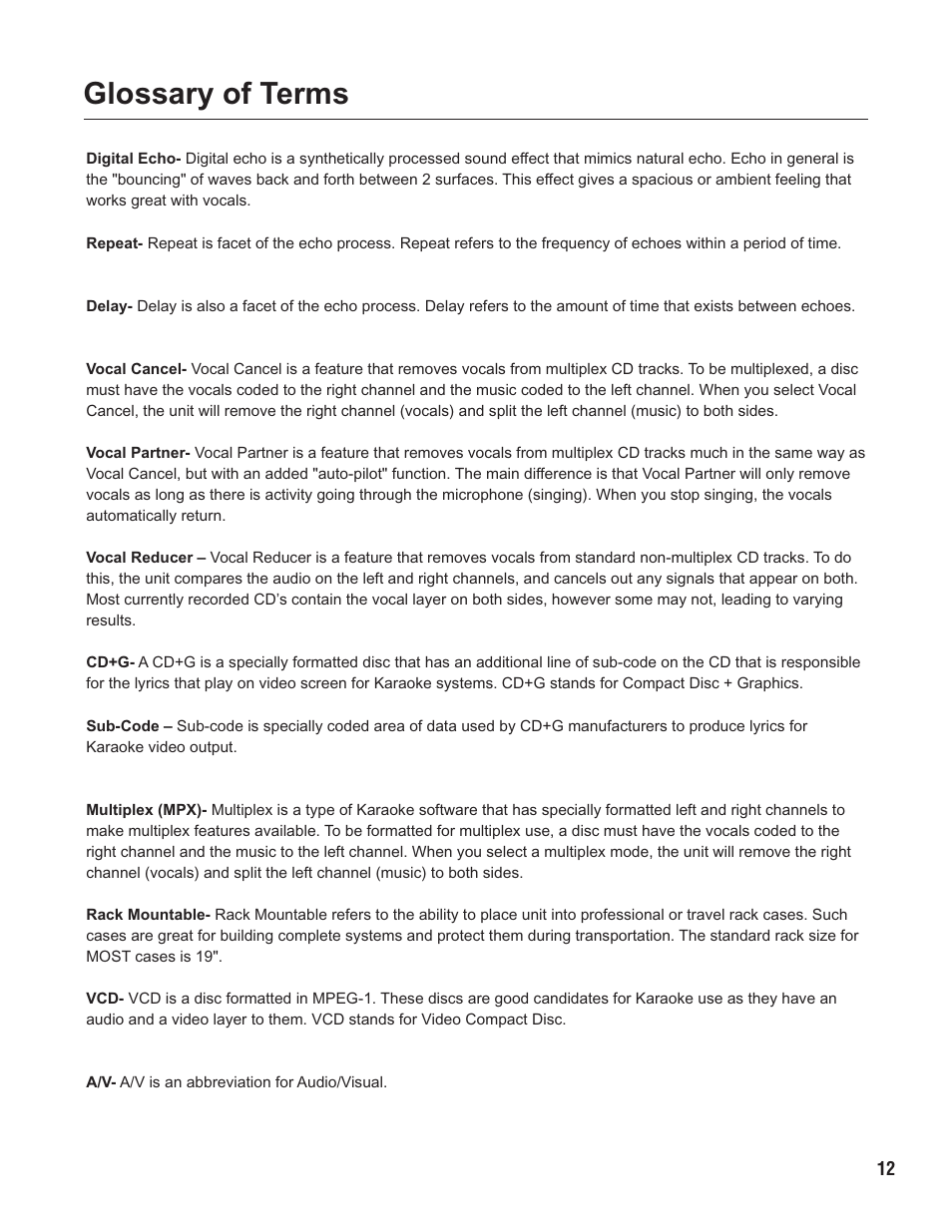 Pg 12 gossary terms.pdf, Glossary of terms | VocoPro SUB-1200 User Manual | Page 13 / 14