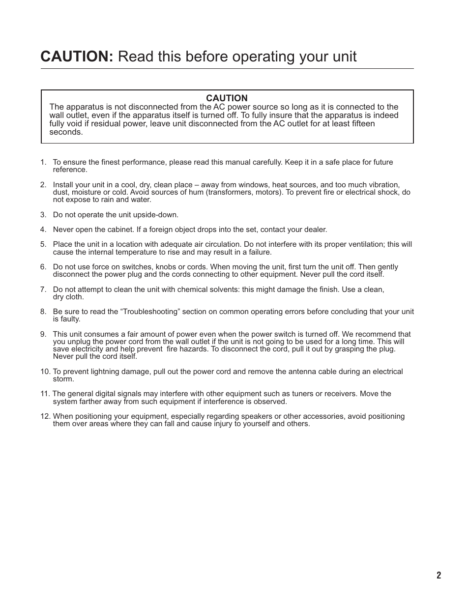 Pg 02 caution.pdf, Caution: read this before operating your unit | VocoPro SUB-1200 User Manual | Page 3 / 14
