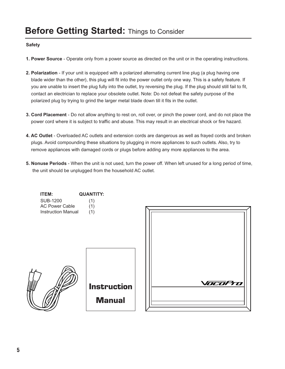 Pg 05 getting started.pdf, Before getting started, Manual instruction | Things to consider | VocoPro SUB-1200 User Manual | Page 6 / 14