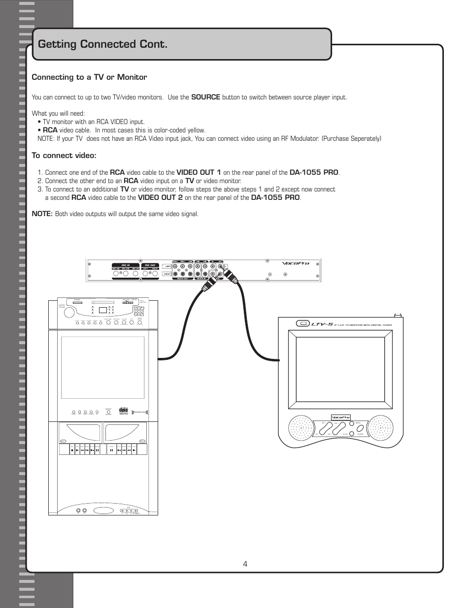 Getting connected cont, Connecting to a tv or monitor, Mic 1 mic 2 | Vol+ vol, Rc a o pti ca l rc a o pti ca l | VocoPro DA-1055 PRO User Manual | Page 10 / 18