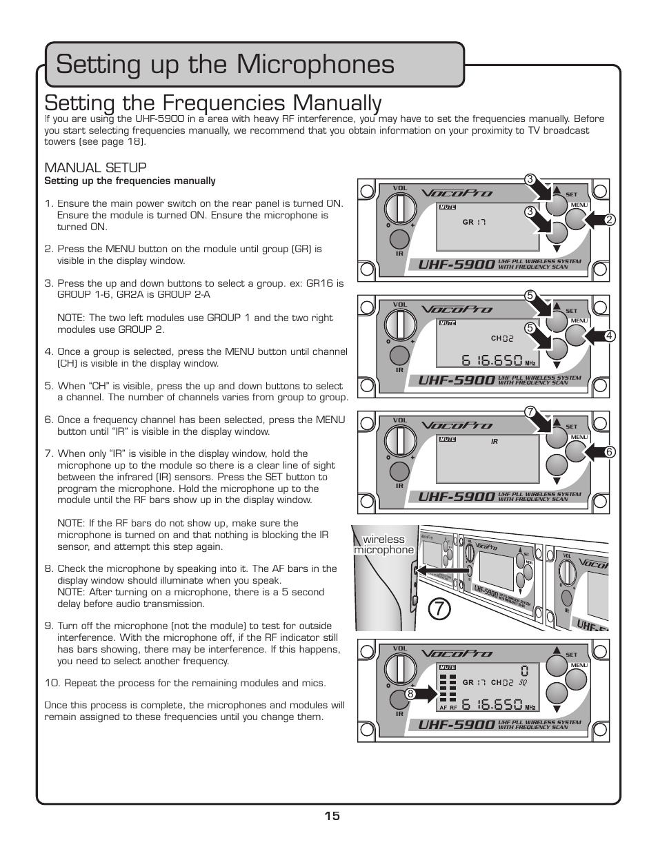 Setting up the microphones, Setting the frequencies manually, Manual setup | VocoPro UHF-5900 User Manual | Page 15 / 24