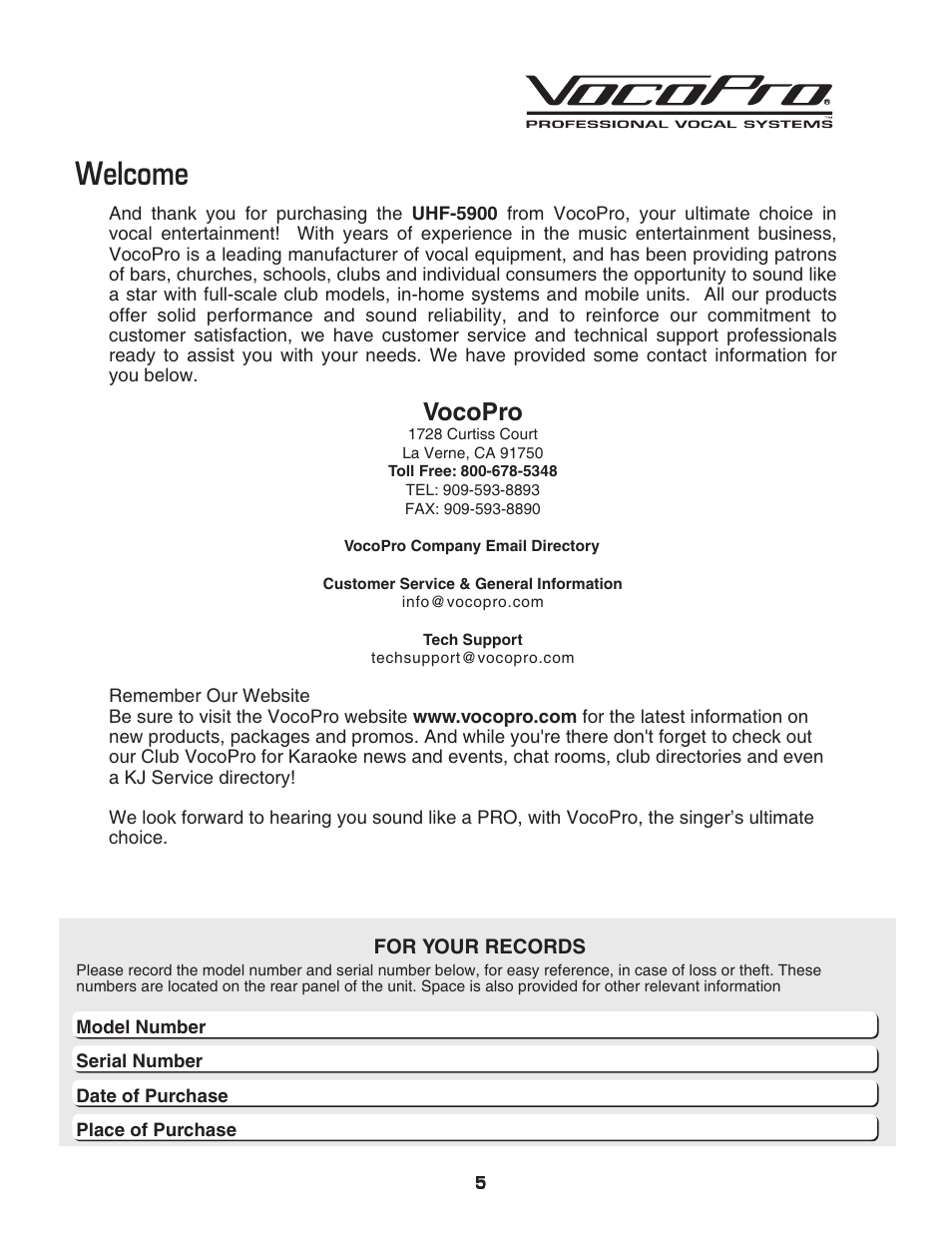 Welcome, Vocopro | VocoPro UHF-5900 User Manual | Page 5 / 24