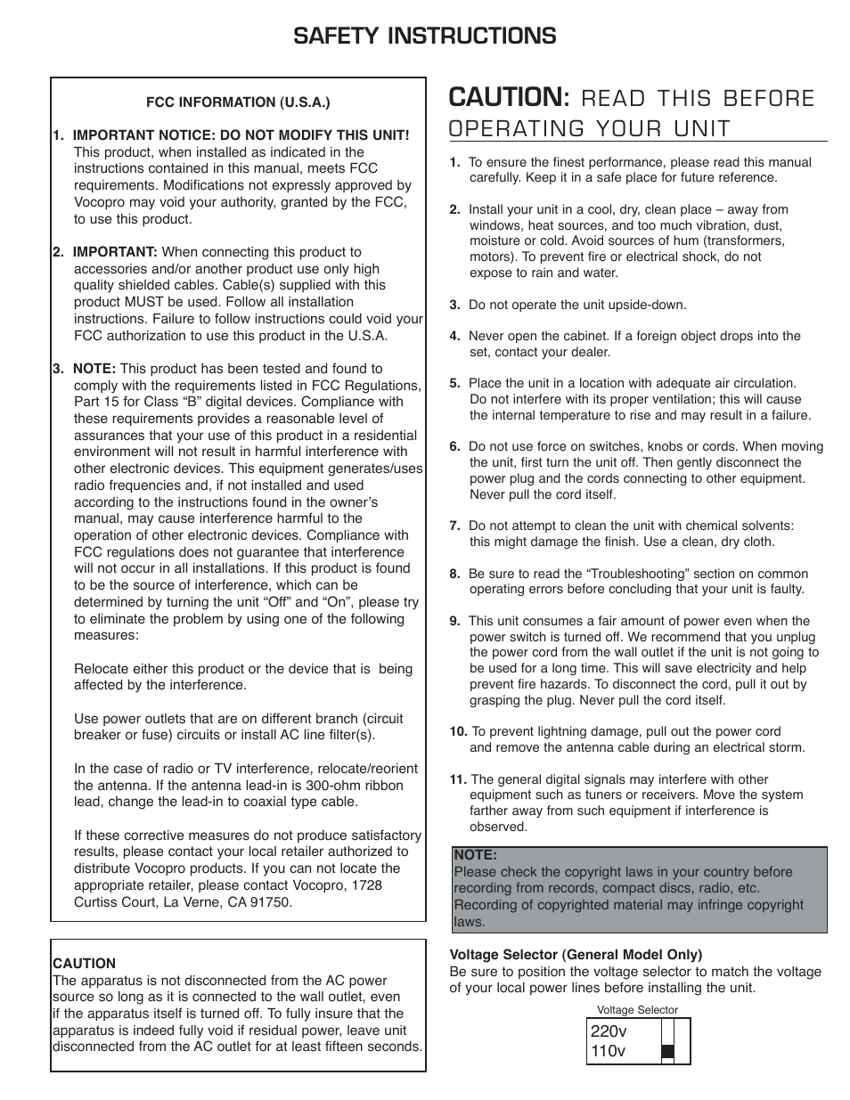 Caution, Read this before operating your unit, Safety instructions | VocoPro DA-1000Pro User Manual | Page 4 / 20
