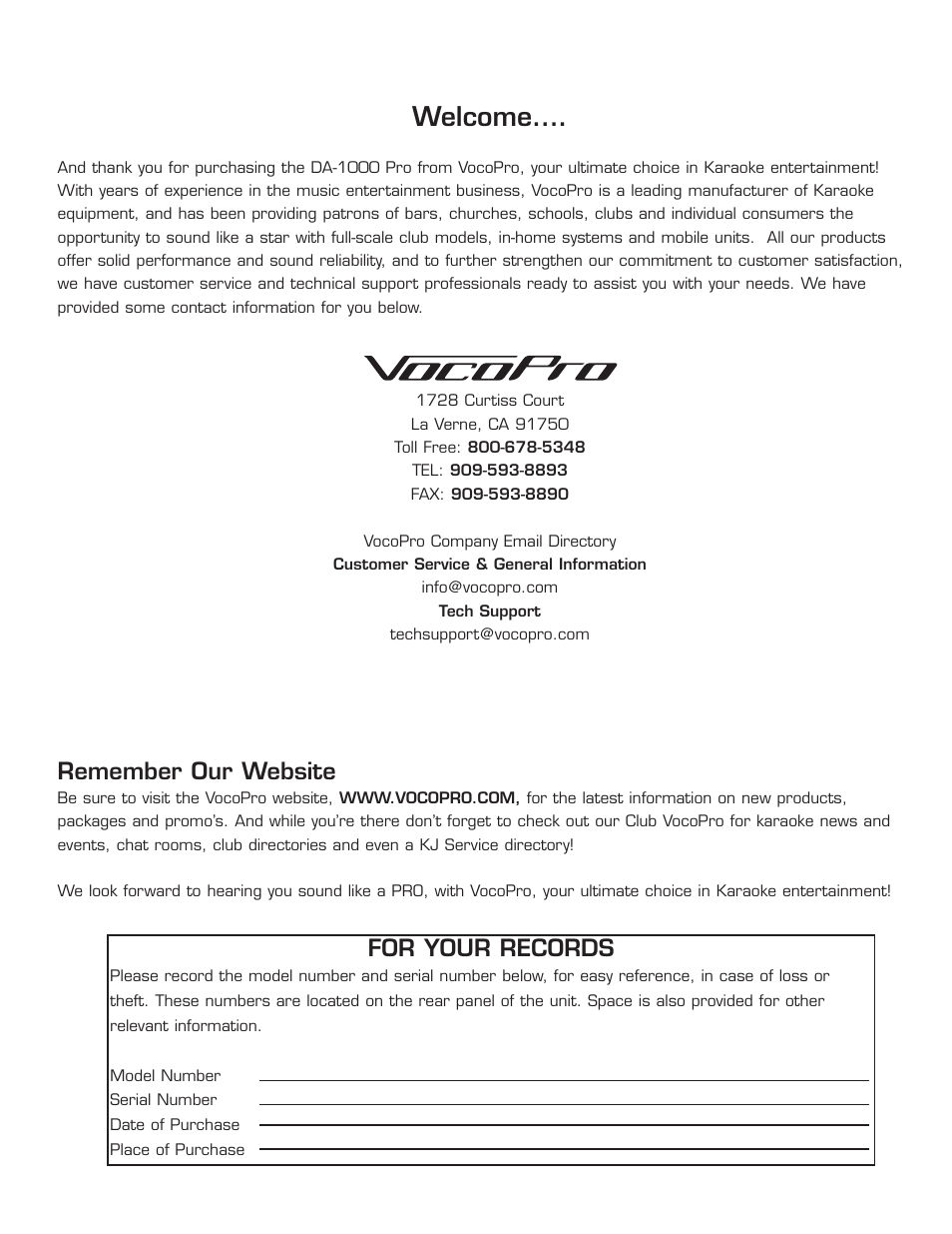 Welcome, Remember our website, For your records | VocoPro DA-1000Pro User Manual | Page 6 / 20