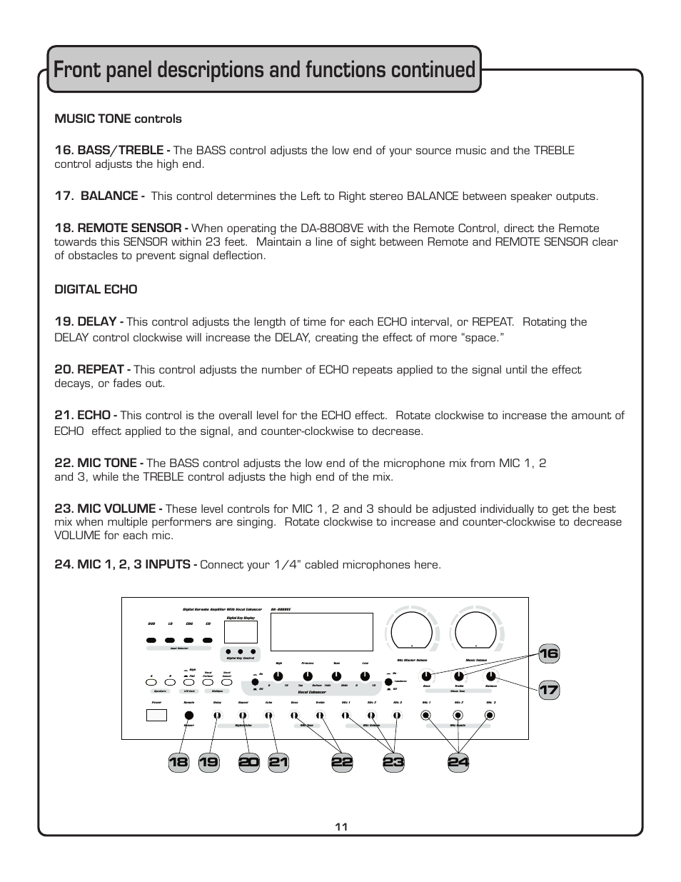 Front panel descriptions and functions continued, Music tone controls 16. bass/treble, Balance | Remote sensor, Digital echo 19. delay, Repeat, Echo, Mic tone, Mic volume, Mic 1, 2, 3 inputs | VocoPro DA-8808VE User Manual | Page 12 / 18