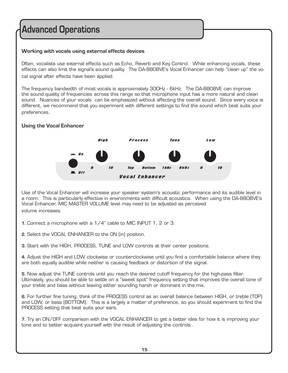 Advanced operations, Working with vocals using external effects devices, Using the vocal enhancer | VocoPro DA-8808VE User Manual | Page 16 / 18