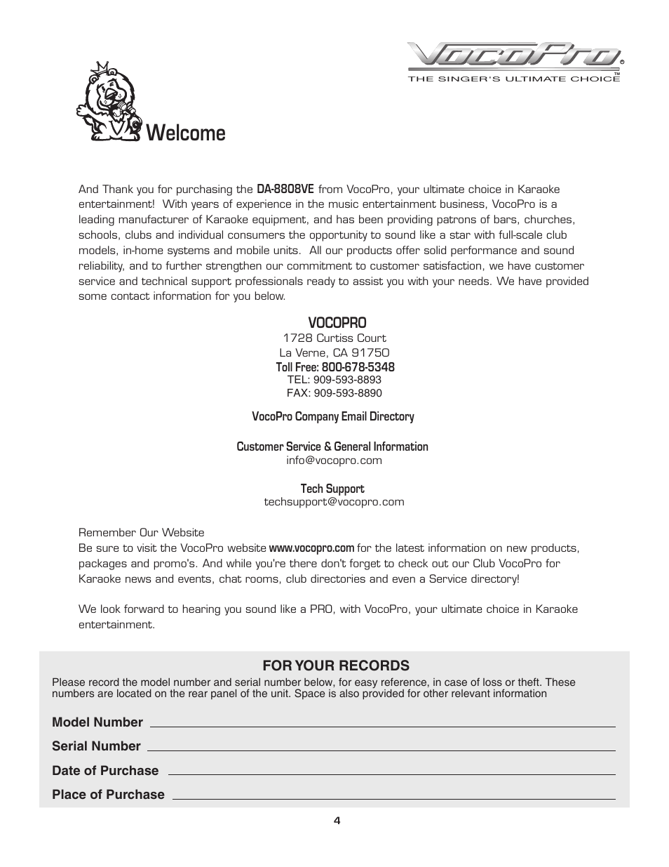 Welcome, Vocopro | VocoPro DA-8808VE User Manual | Page 5 / 18