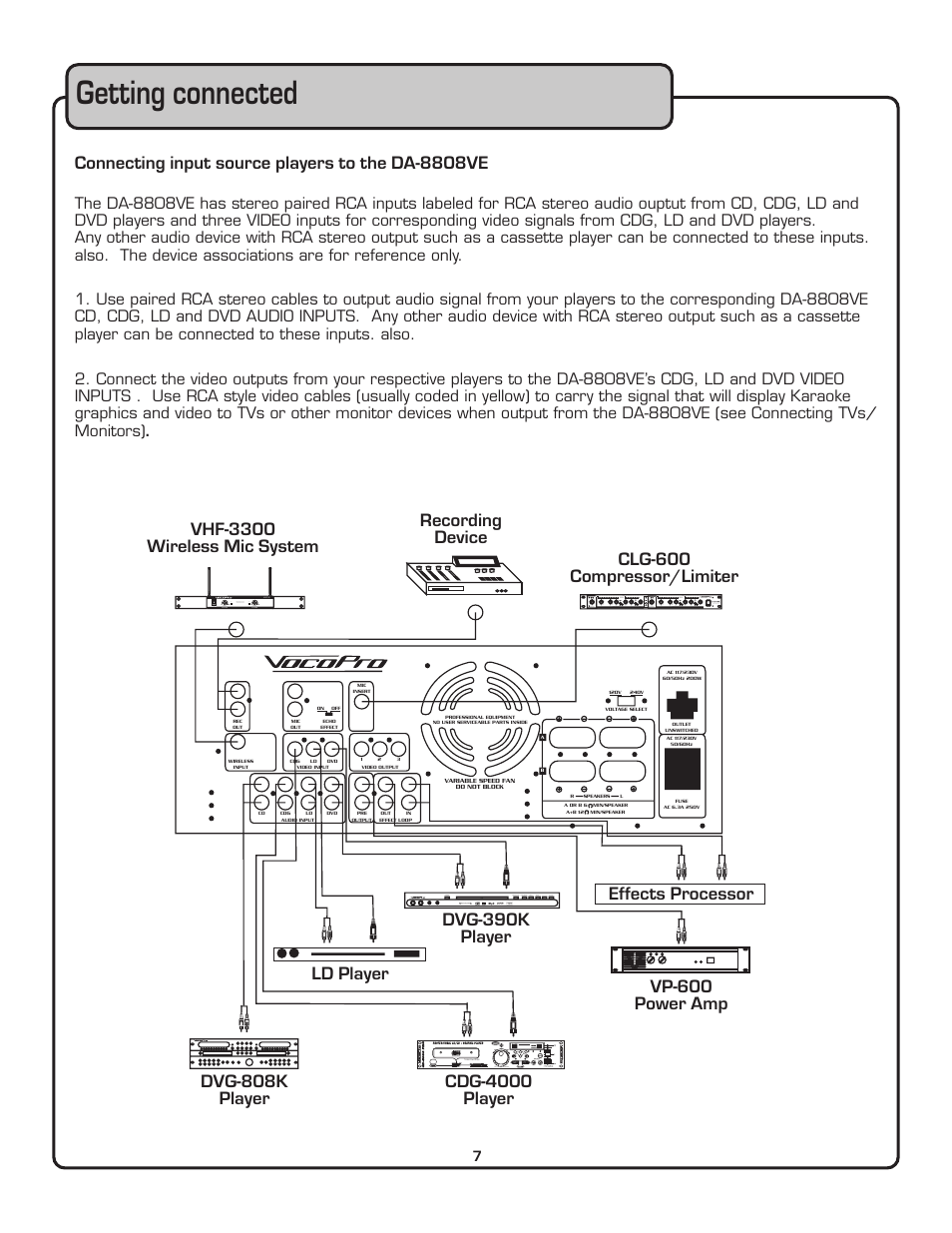 Getting connected, Connecting input source players to the da-8808ve | VocoPro DA-8808VE User Manual | Page 8 / 18