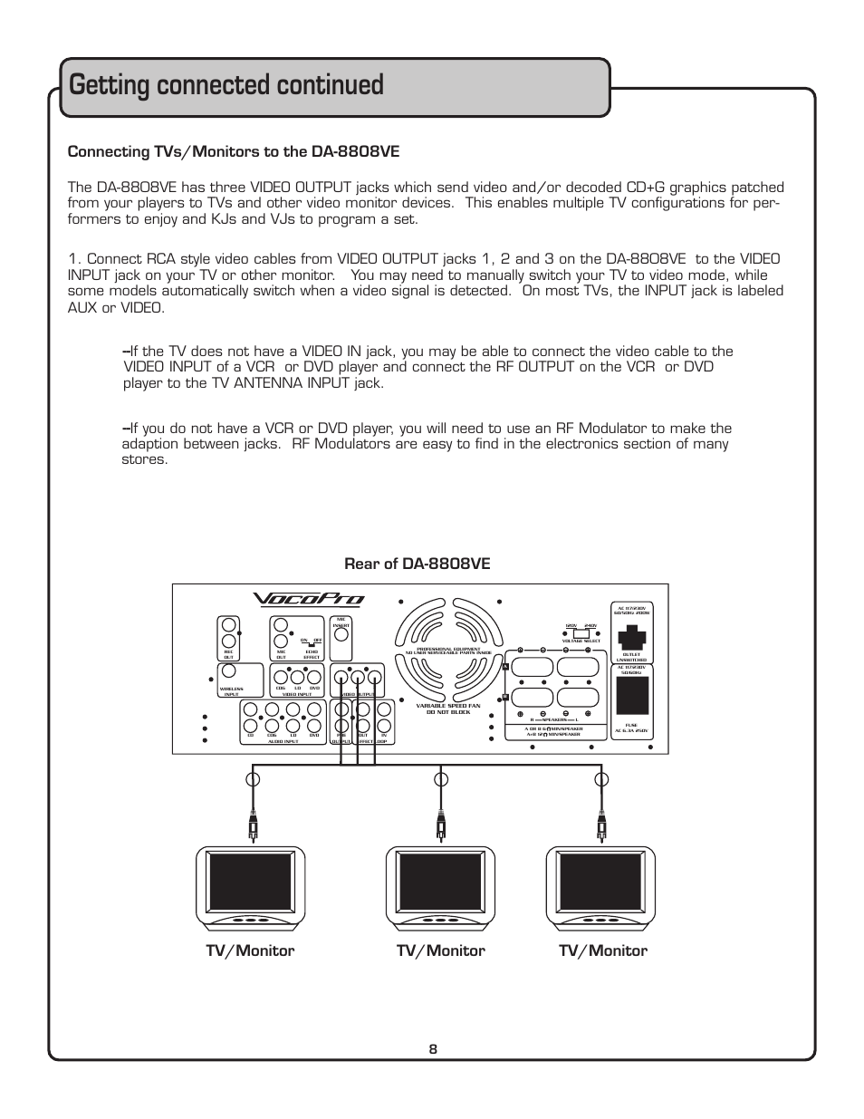 Getting connected continued, Connecting tvs/monitors to the da-8808ve, Rear of da-8808ve tv/monitor tv/monitor tv/monitor | VocoPro DA-8808VE User Manual | Page 9 / 18