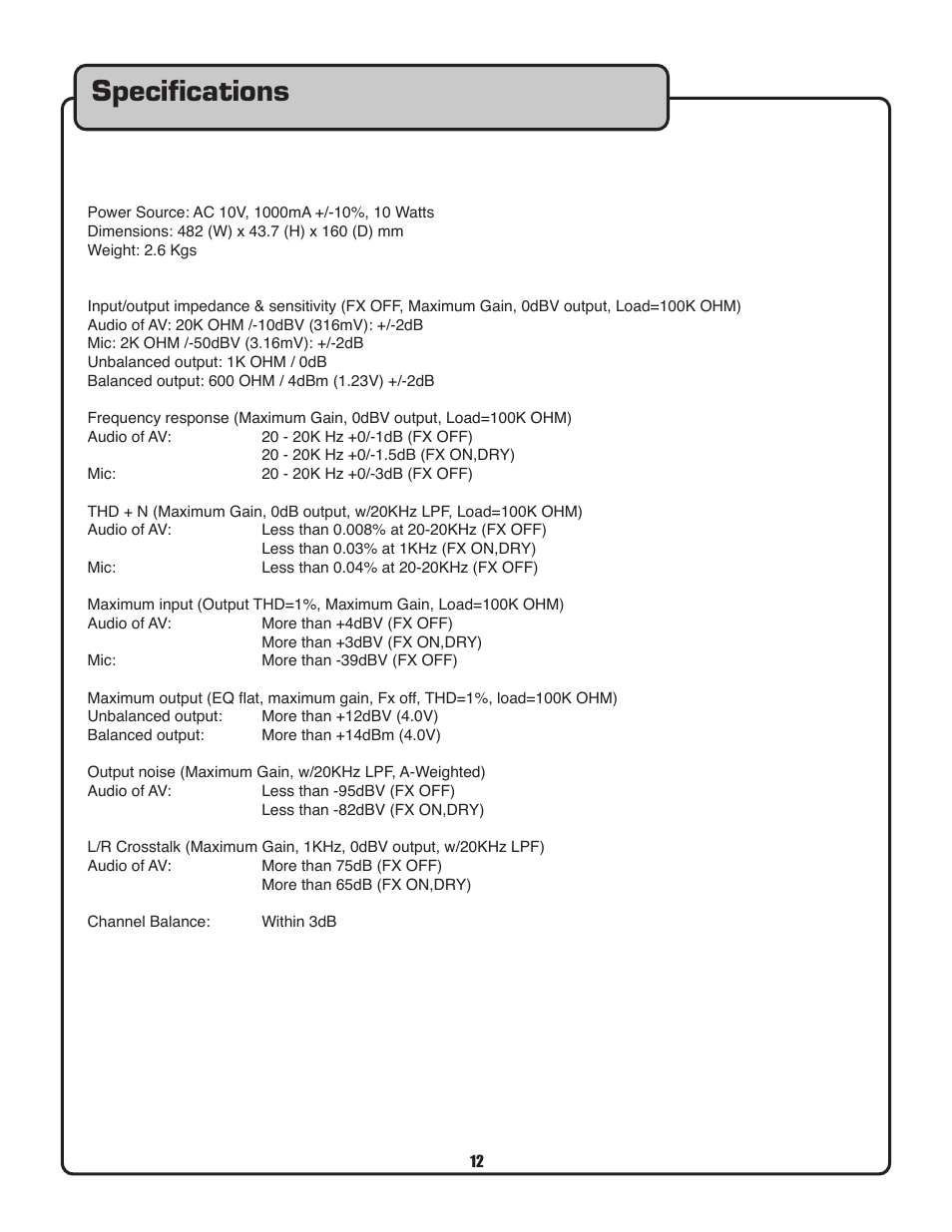 Speciﬁcations | VocoPro VSP-M1 User Manual | Page 12 / 13