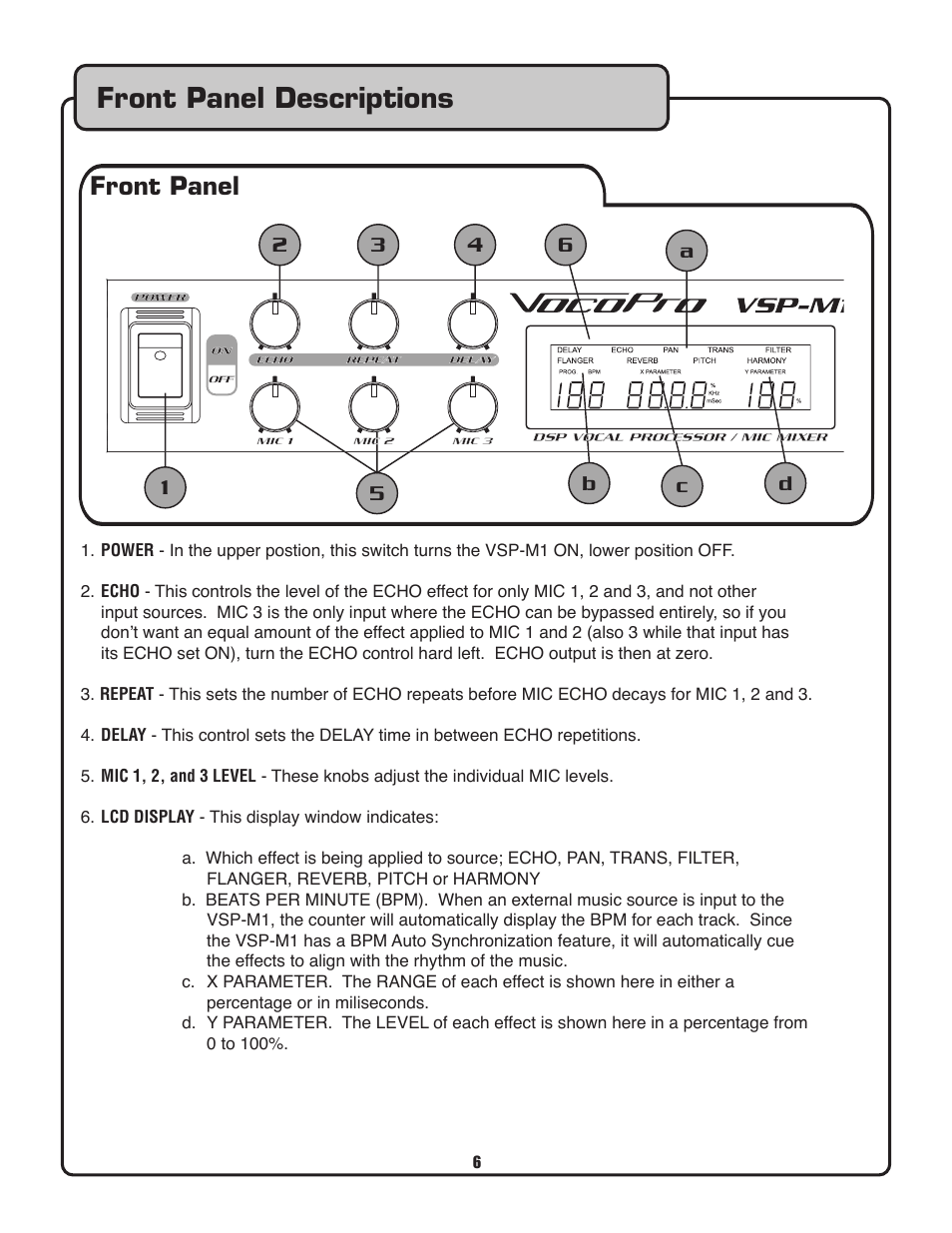 Front panel descriptions, Front panel | VocoPro VSP-M1 User Manual | Page 6 / 13