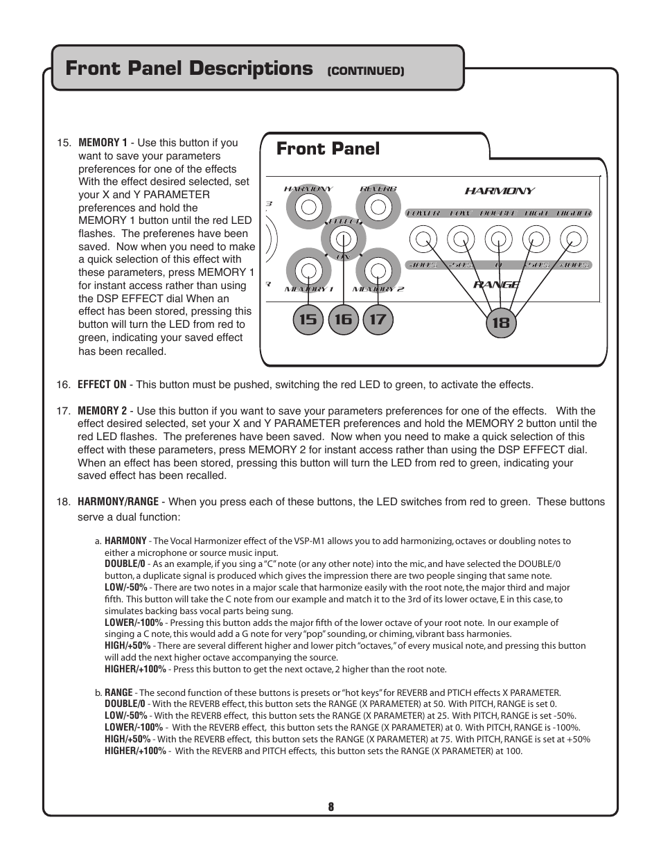 Front panel descriptions, Front panel, Vsp-m1 | VocoPro VSP-M1 User Manual | Page 8 / 13