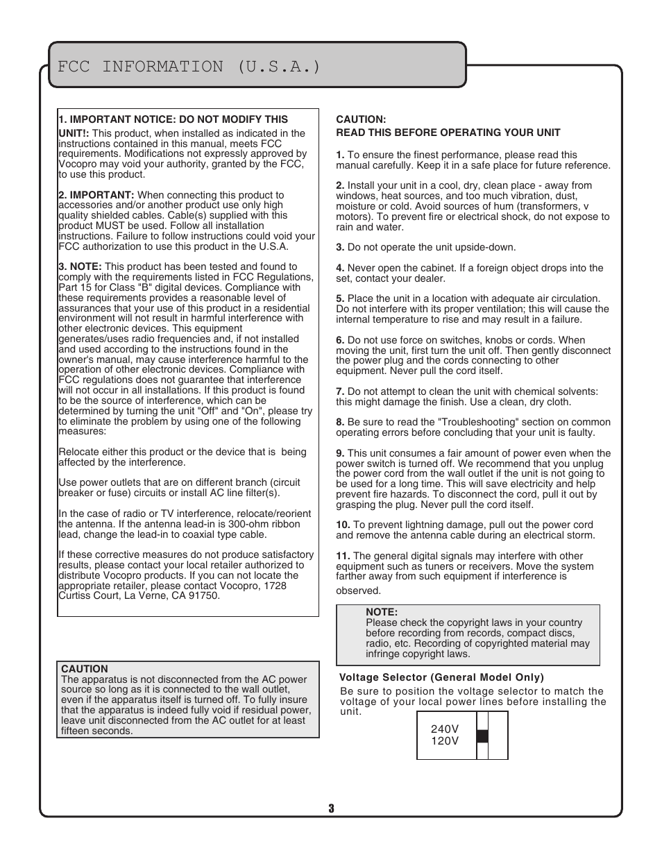 Caution, Fcc information (u.s.a.), Safety instructions | Warning | VocoPro VHF-3000 User Manual | Page 4 / 15