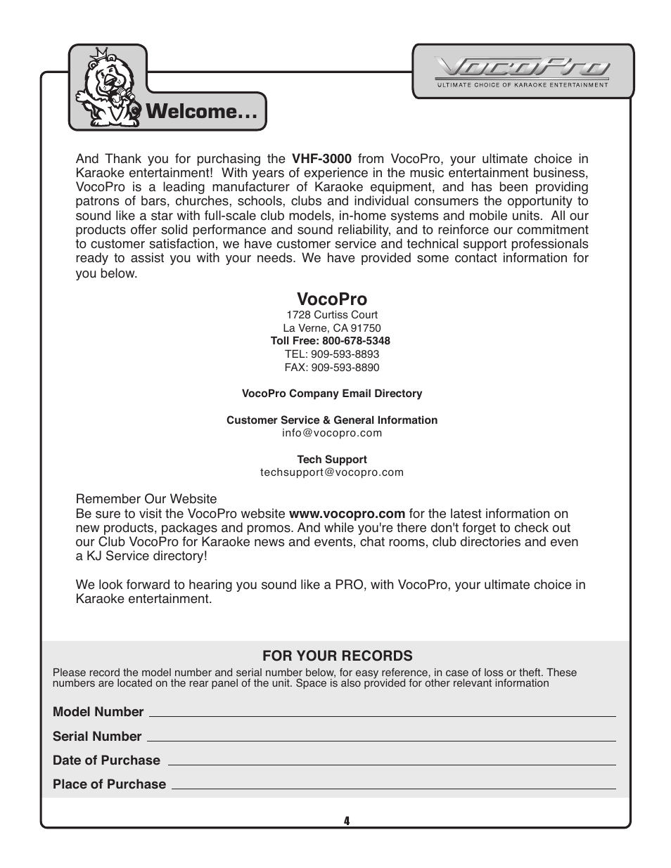 Welcome, Vocopro | VocoPro VHF-3000 User Manual | Page 5 / 15