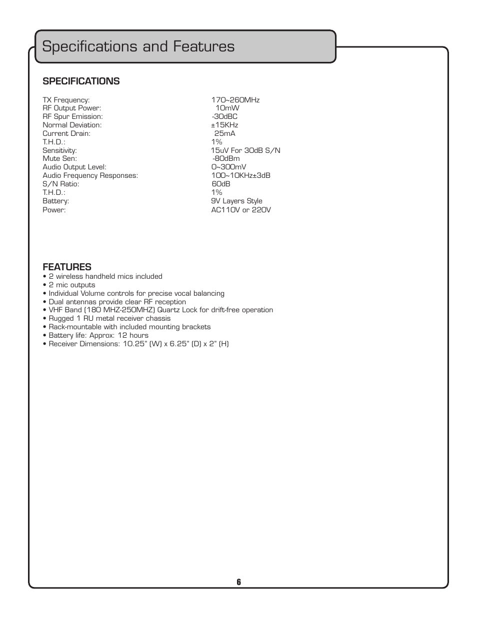 Speciﬁcations and features | VocoPro VHF-3000 User Manual | Page 7 / 15