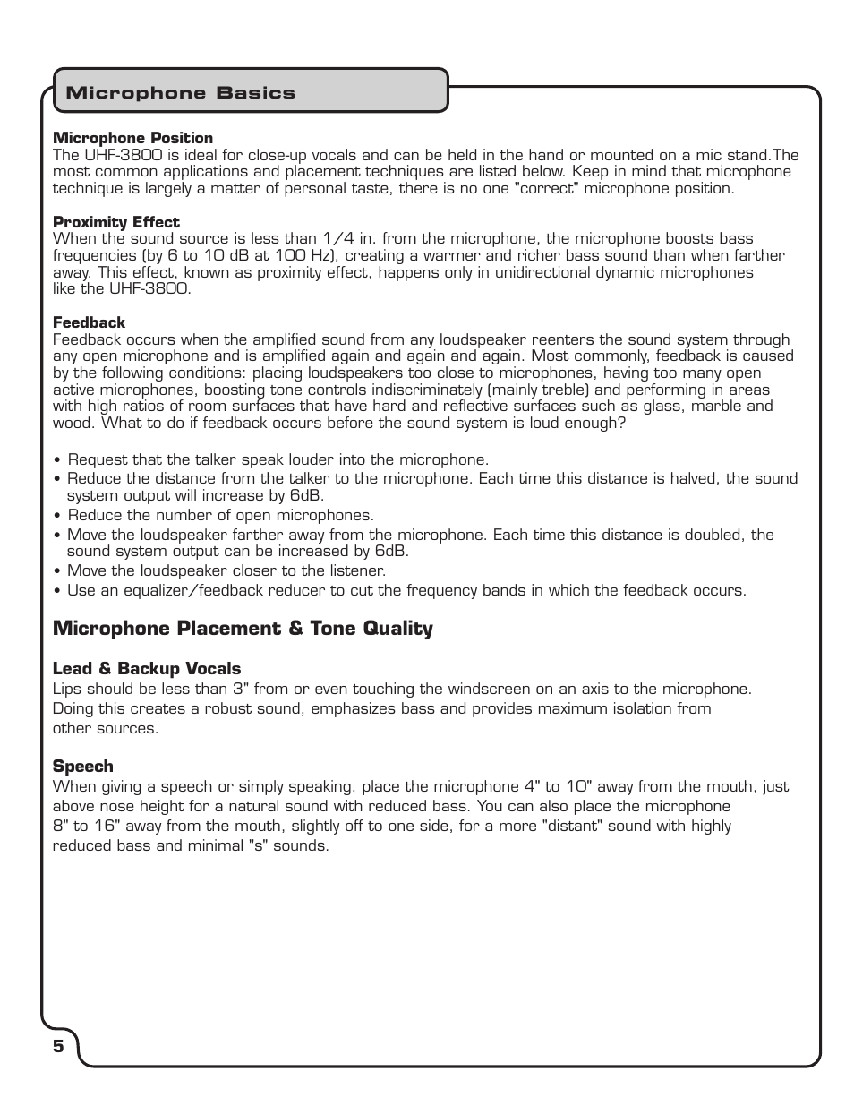 Microphone placement & tone quality | VocoPro UHF-3800 User Manual | Page 6 / 18